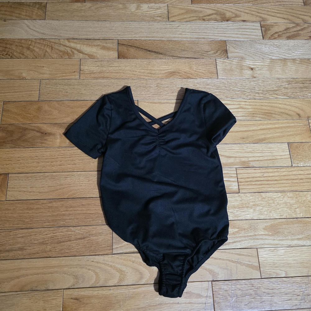 Nicole Miller Black Short-Sleeve Dance Leotard with Crisscross Back